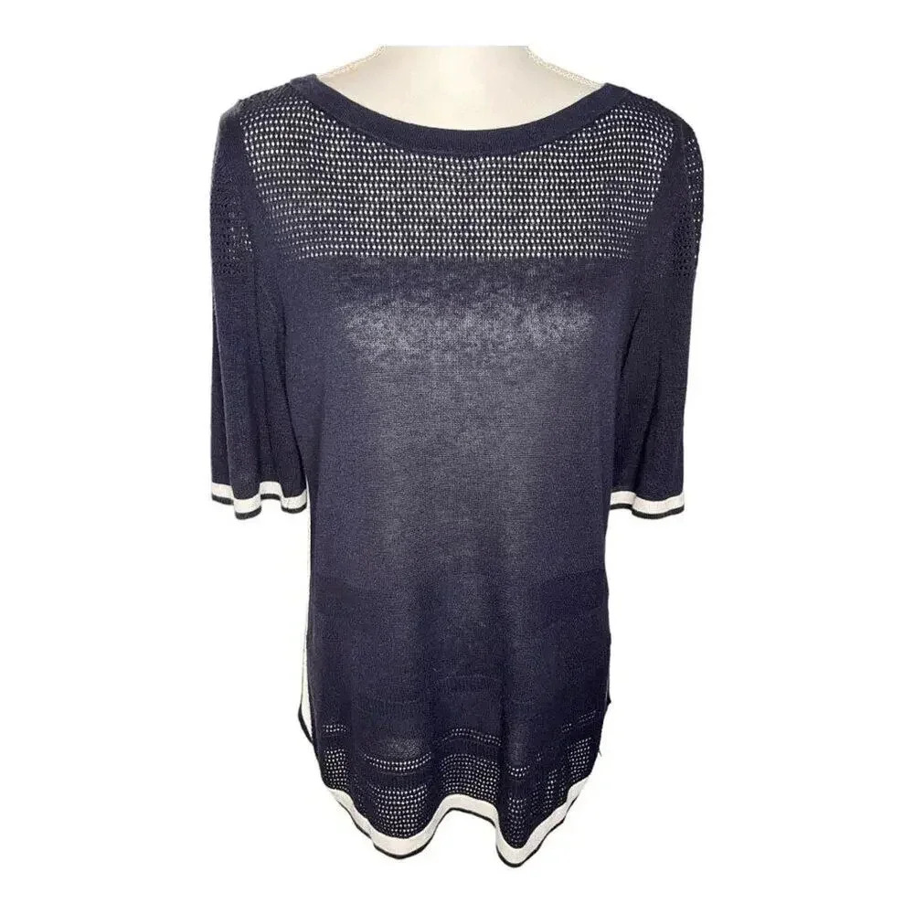 Talbots Women's Small Short Sleeve Linen Blend Navy Lightweight Knit Top